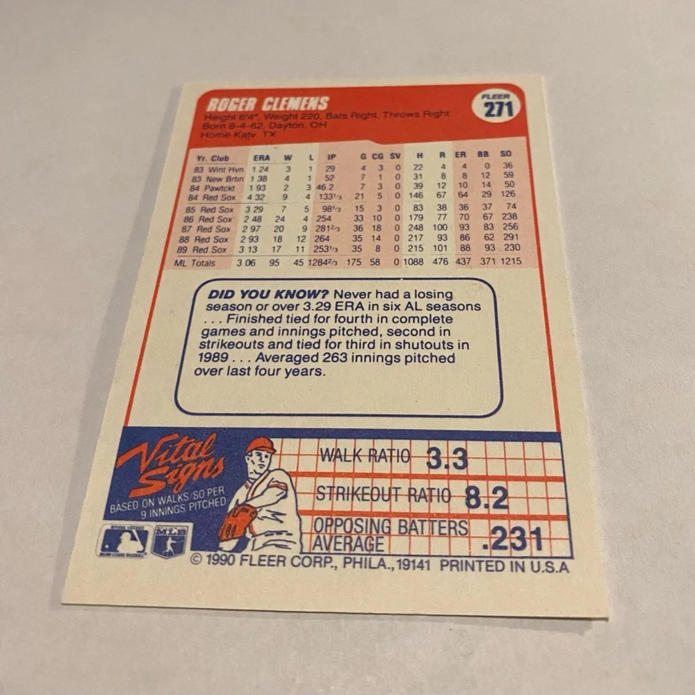 Roger Clemens Rare ! Error 1990 Fleer Baseball Card Wrong Home Town (Katv tx)